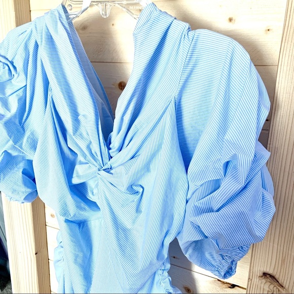 New York & Co Blue/White pinstripe Ruched Top - Picture 5 of 10